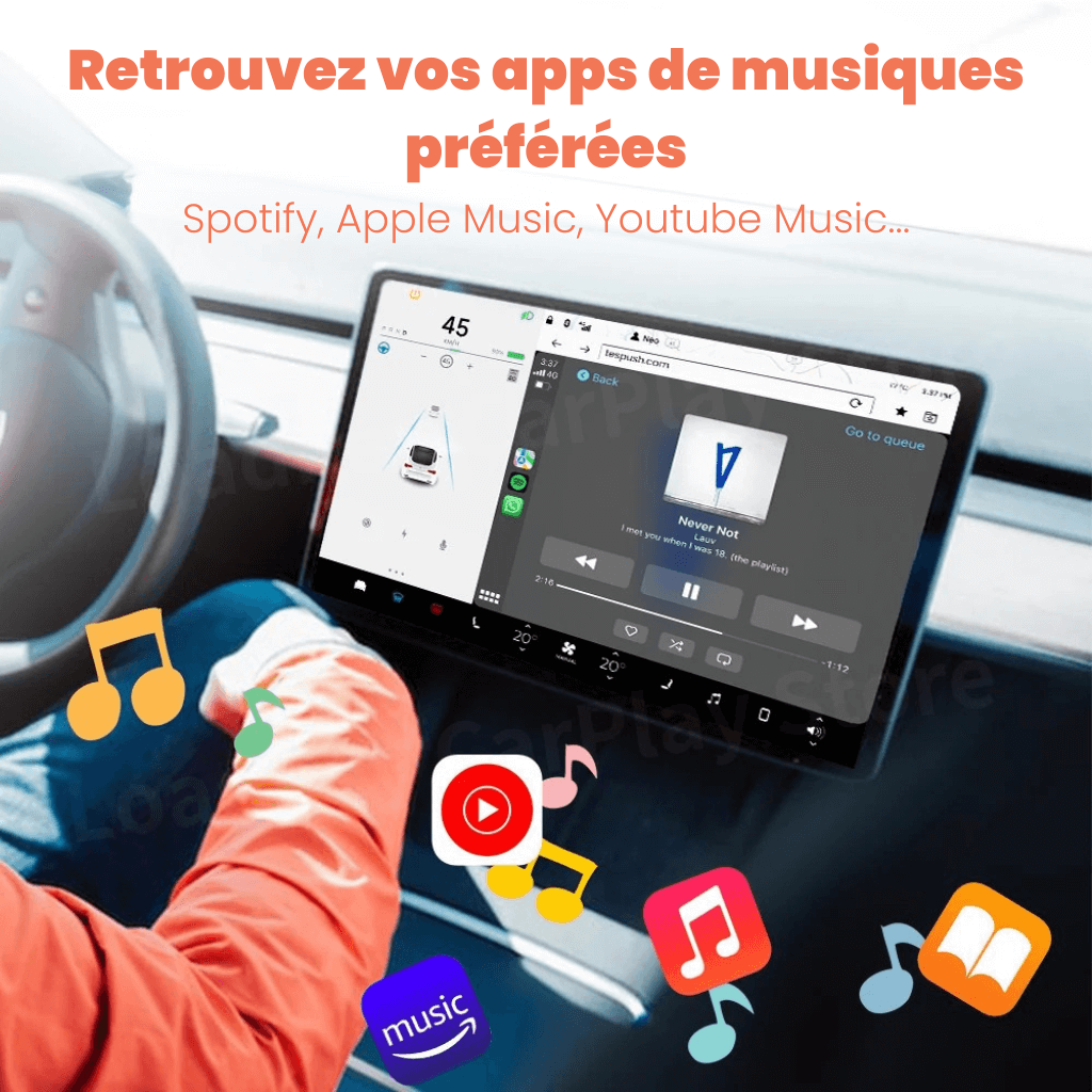 Module CarPlay et Android Auto montrant des apps de musique préférées sur l'écran d'une Tesla.
