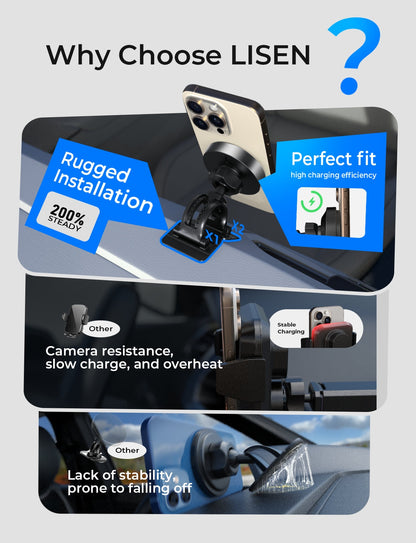 LISEN 15W MagSafe Car Charger (4-in-1 Mount, Strong Grip)