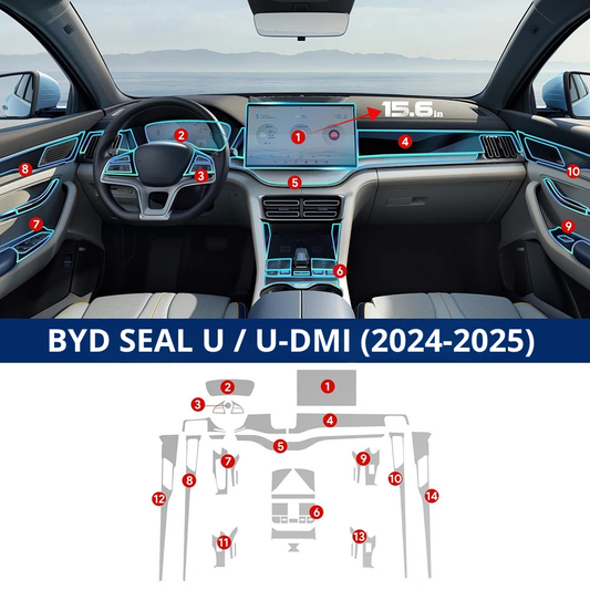 Intérieur du BYD Seal U 2024-2025 avec écran de 15,6 pouces et protections de console détaillées.