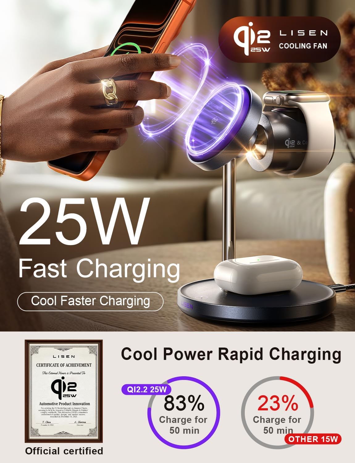 LISEN 3-in-1 Qi2.2 MagSafe Charging Stand with Cooling Fan