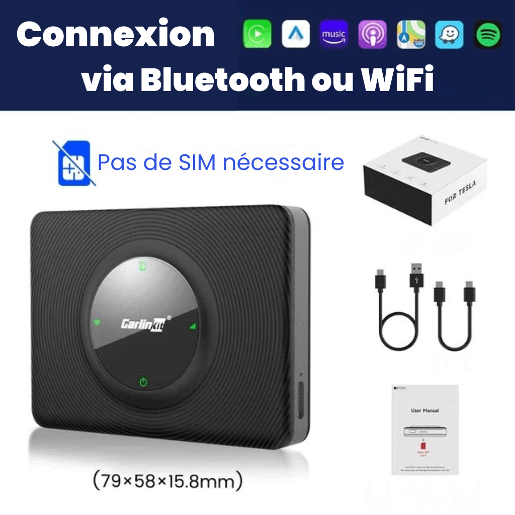 Module CarPlay et Android Auto pour Tesla, connexion Bluetooth et WiFi, sans carte SIM, dimensions 79x58x15.8mm.