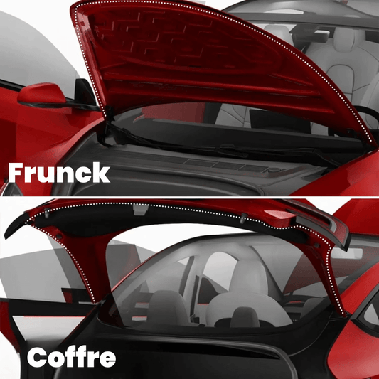 Image showing the frunk and trunk area of a Tesla, highlighting the protective seal kit for enhanced insulation.