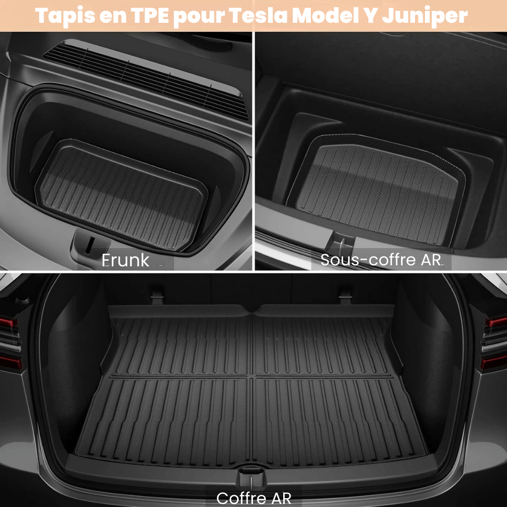 Tapis en TPE pour Tesla Model Y Juniper, protection pour frunk et coffre arrière, design durable et facile à nettoyer.