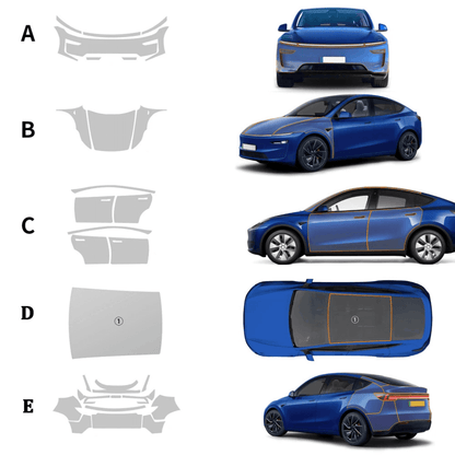 Diagram of protection covering for Tesla Model Y with installation guide for various parts.
