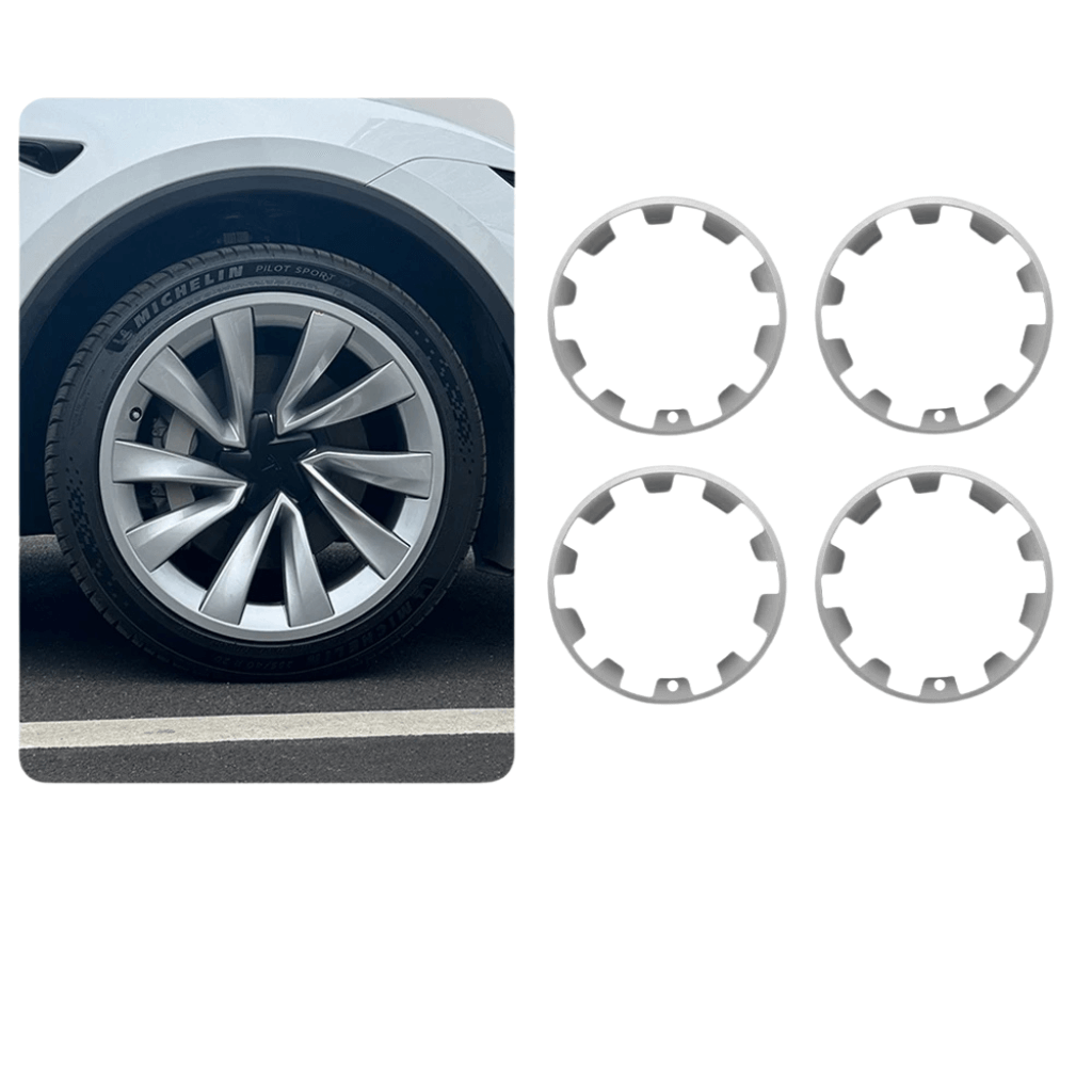 Enjoliveur 20 pouces pour Tesla Model Y, couleur argent givré, installé sur jante avec pneu.