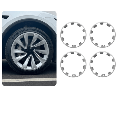 Enjoliveur 20 pouces pour Tesla Model Y, couleur argent givré, installé sur jante avec pneu.