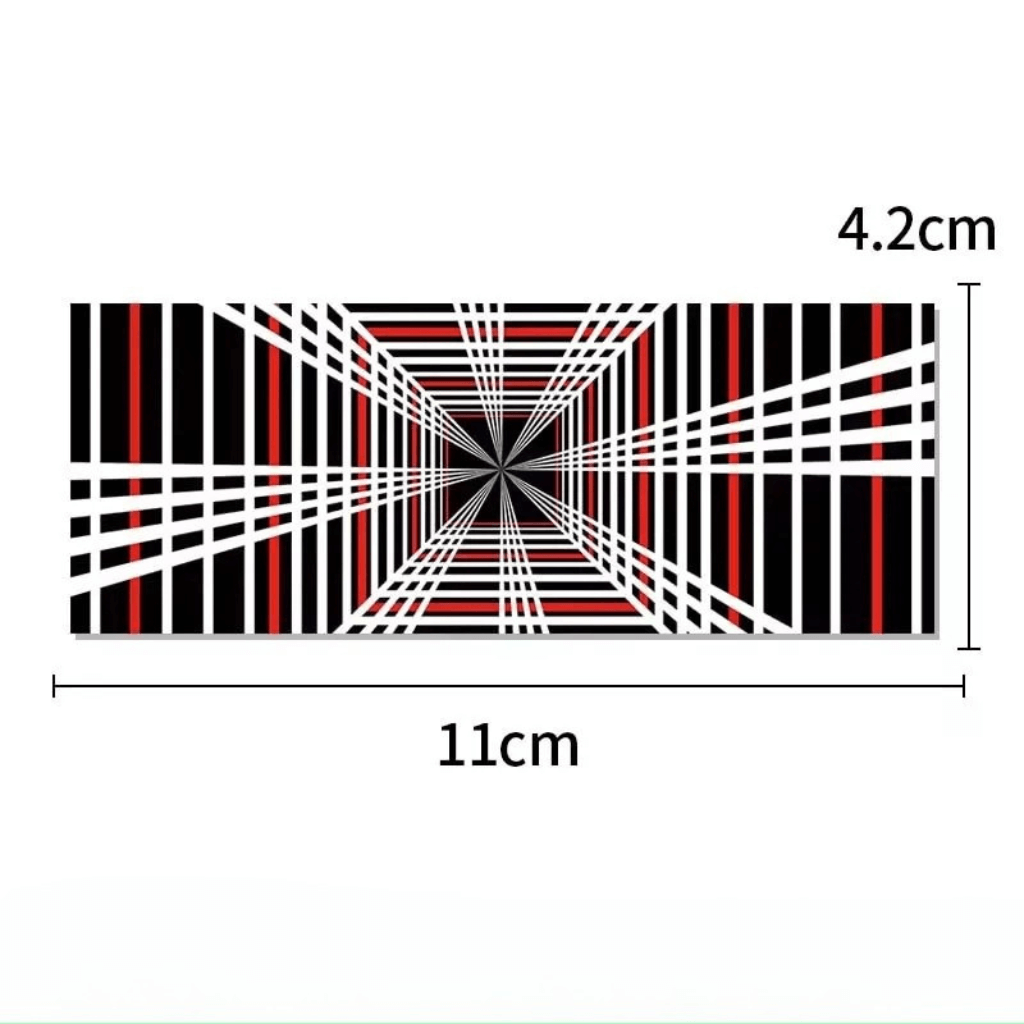 Graphic design featuring a 3D optical illusion in black, white, and red, measuring 11cm x 4.2cm.