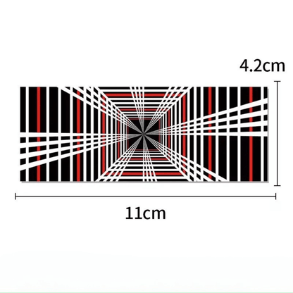 Graphic design featuring a 3D optical illusion in black, white, and red, measuring 11cm x 4.2cm.