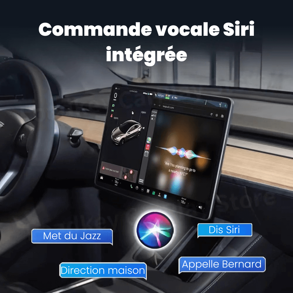 Interface de Tesla montrant la commande vocale Siri intégrée pour la musique et la navigation.