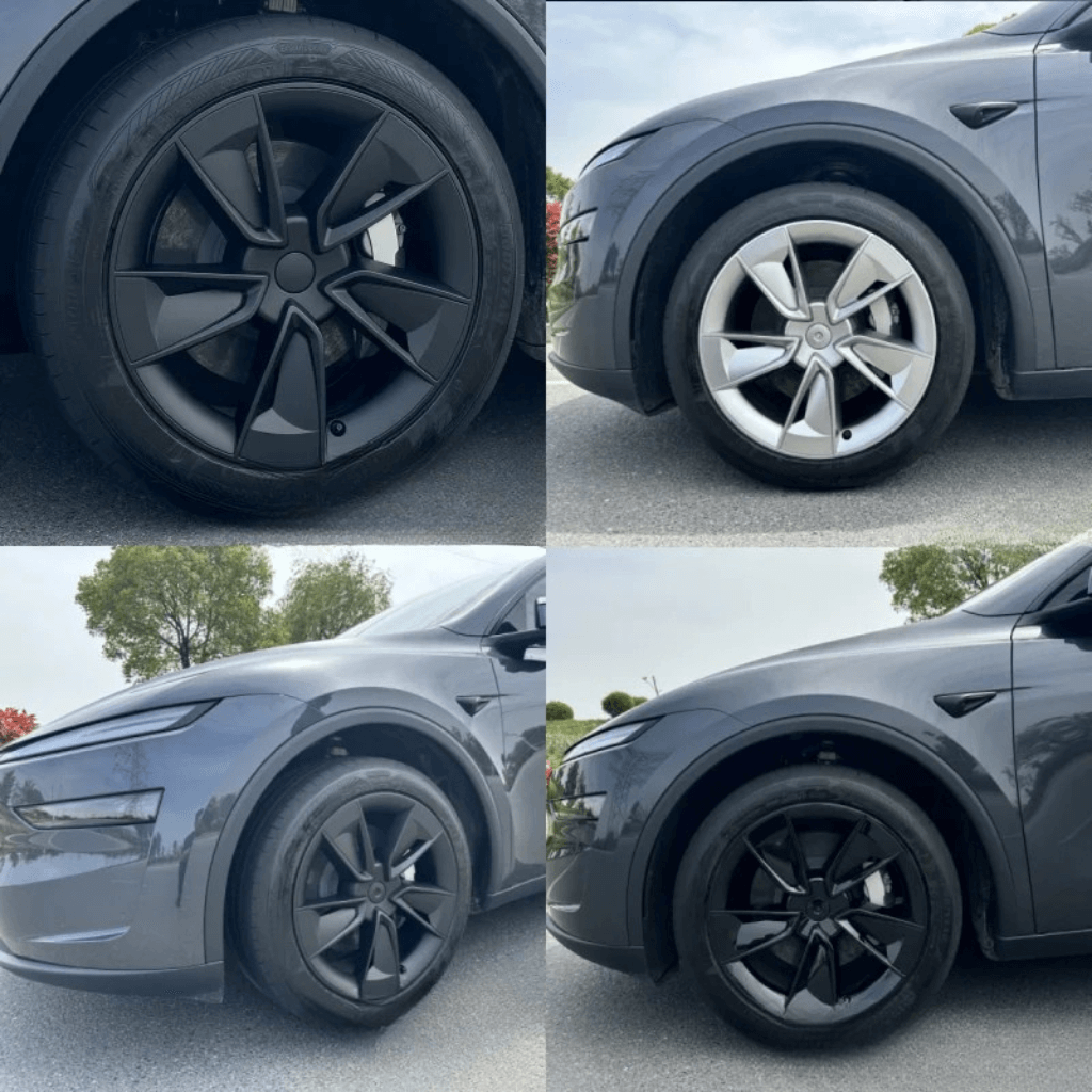 Enjoliveurs 19 pouces pour Tesla Model Y Juniper 2025, affichant styles noir et argenté sur roues.