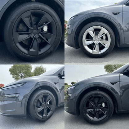 Enjoliveurs 19 pouces pour Tesla Model Y Juniper 2025, affichant styles noir et argenté sur roues.
