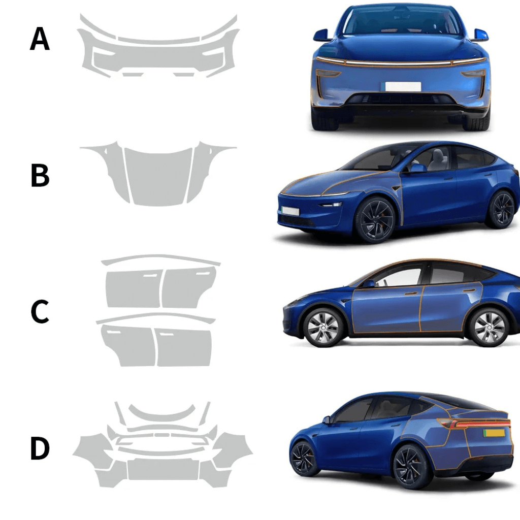 Comparative image showing transparent protection cover designs for Tesla Model Y, highlighting installation areas A, B, C, D.