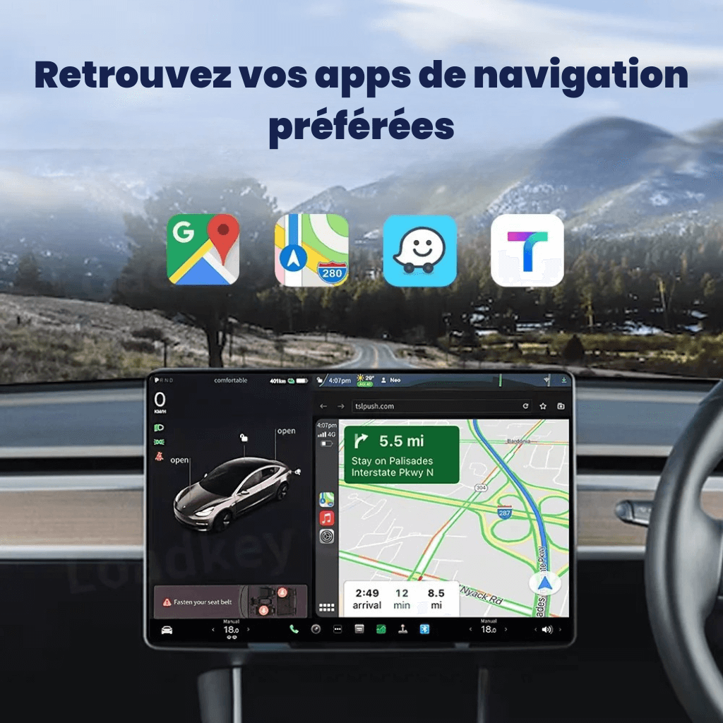 Écran de navigation pour Tesla montrant des apps populaires comme Google Maps et Waze sur route avec paysage.