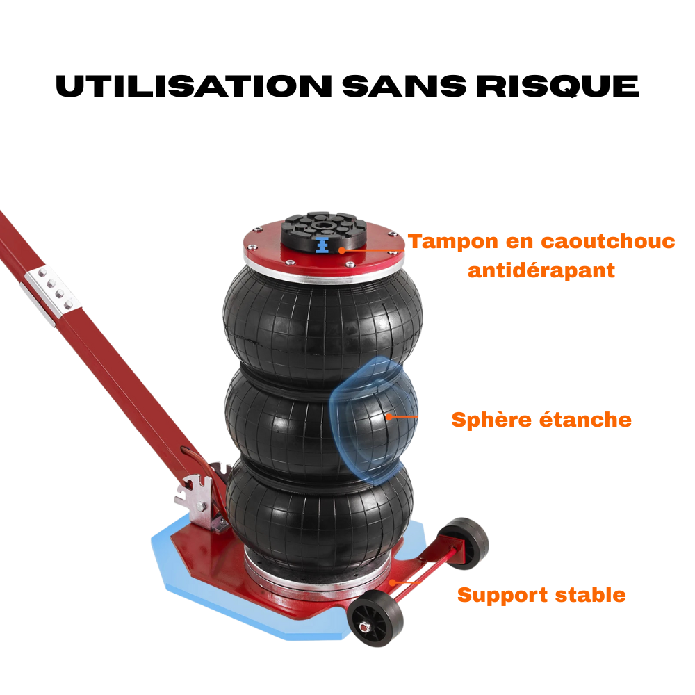 Cric pneumatique avec tampon en caoutchouc, sphère étanche, et support stable pour utilisation sans risque.