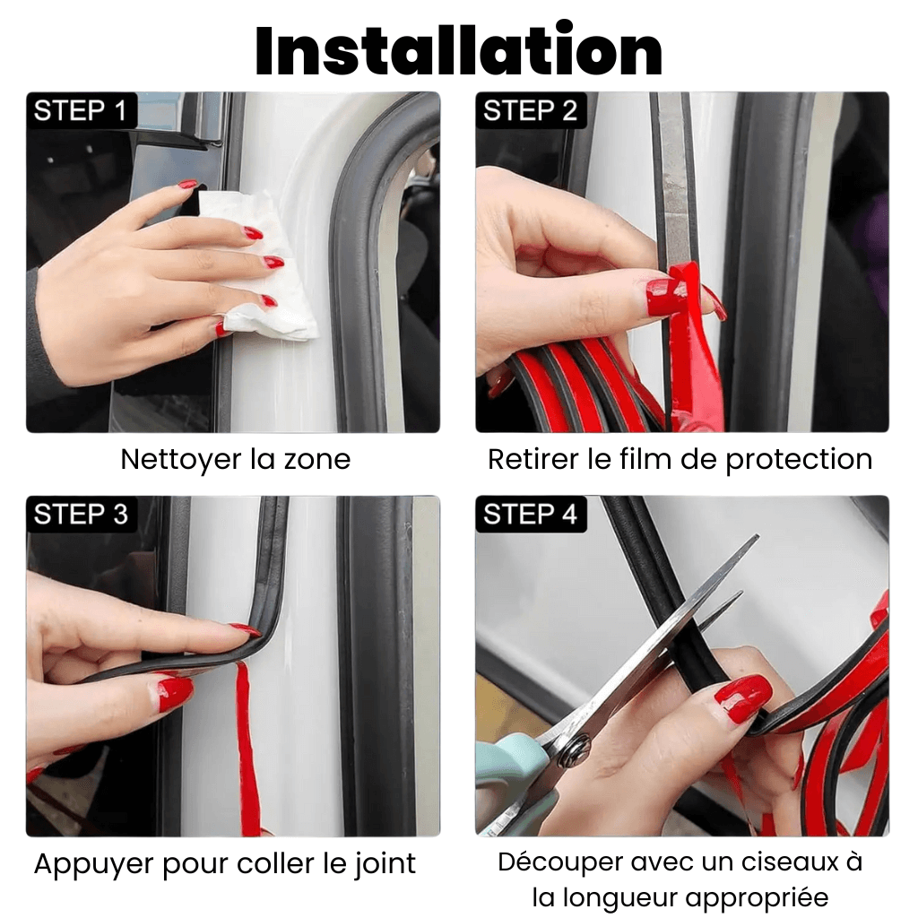 Instructions d'installation du kit de joints de protection pour Tesla, démontrant chaque étape du processus.