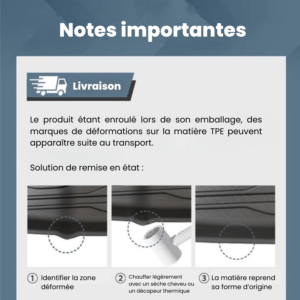 Instructions sur l'état du produit TPE pour tapis de coffre, avec conseils de remise en état.