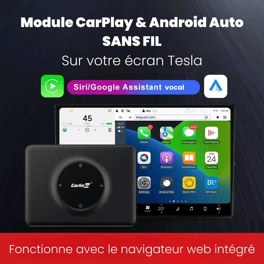Module CarPlay & Android Auto sans fil pour écran Tesla avec Siri et Assistant vocal, fonctions intégrées.