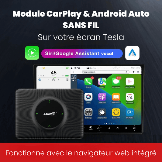 Module CarPlay & Android Auto sans fil pour écran Tesla avec Siri et Assistant vocal, fonctions intégrées.
