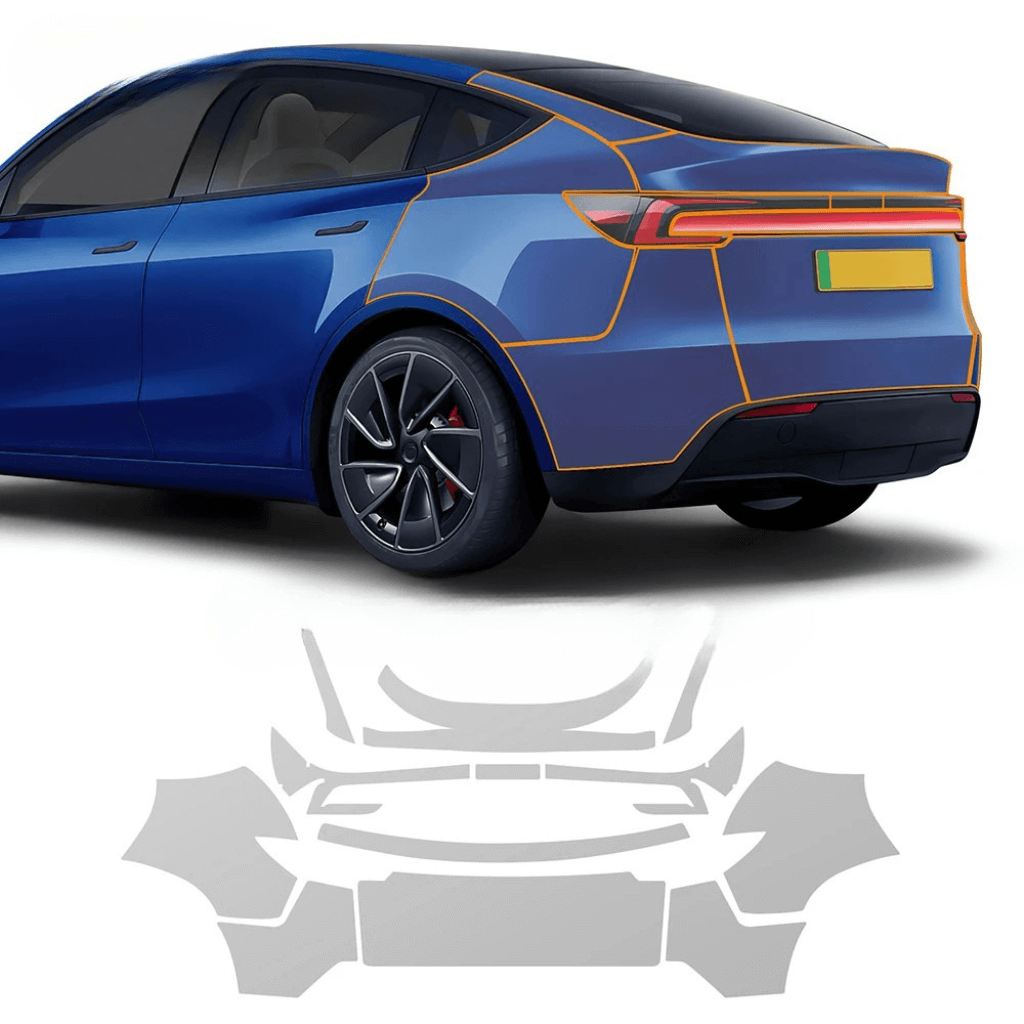 Covering de protection transparent pour Tesla Model Y, montrant l'application sur les pare-chocs et les jupes latérales.