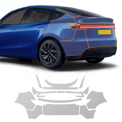 Covering de protection transparent pour Tesla Model Y, montrant l'application sur les pare-chocs et les jupes latérales.