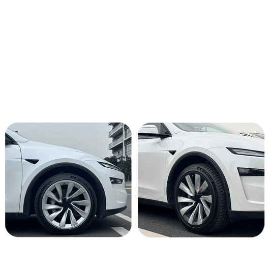 Enjoliveurs 20 pouces en noir et argent sur Tesla Model Y, montrant le style et la protection des jantes.
