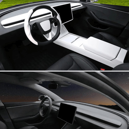 Interior view of Tesla Model Y Juniper with central console covering, showcasing a sleek design and modern features.