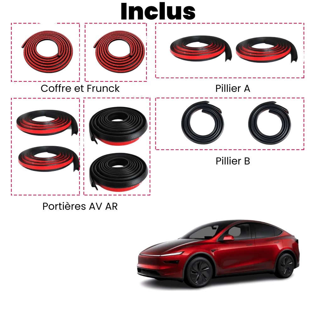 Kit de joints de protection pour Tesla Model Y, incluant bandes pour coffre, piliers et portières en noir et rouge.