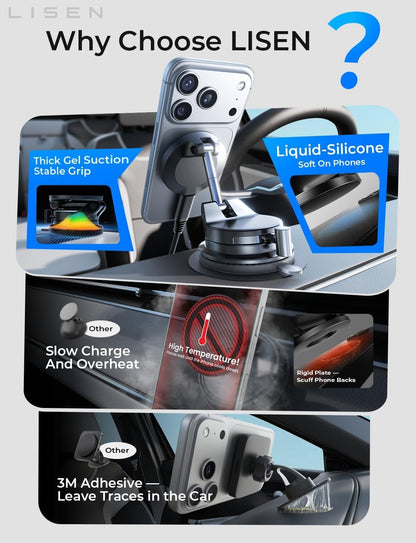 LISEN for 15W Magsafe Car Mount Charger, Magnetic Phone Holders for Your Car, Magnetic Wireless Car Charger, Suction Phone Mount for Car Accessories for Truck Jeep for iPhone 17 Pro Max 16 15 14 13 12