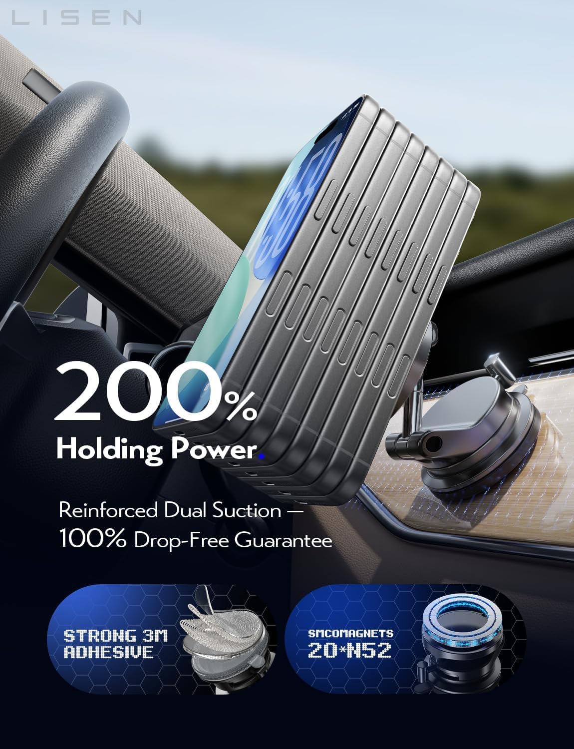 LISEN for 15W Magsafe Car Mount Charger, Magnetic Phone Holders for Your Car, Magnetic Wireless Car Charger, Suction Phone Mount for Car Accessories for Truck Jeep for iPhone 17 Pro Max 16 15 14 13 12