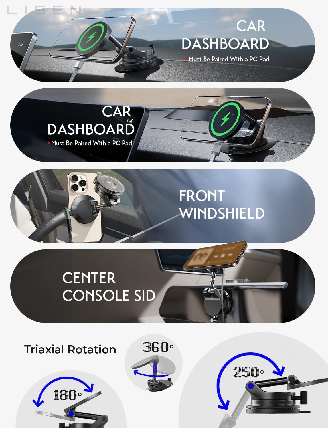 LISEN for 15W Magsafe Car Mount Charger, Magnetic Phone Holders for Your Car, Magnetic Wireless Car Charger, Suction Phone Mount for Car Accessories for Truck Jeep for iPhone 17 Pro Max 16 15 14 13 12