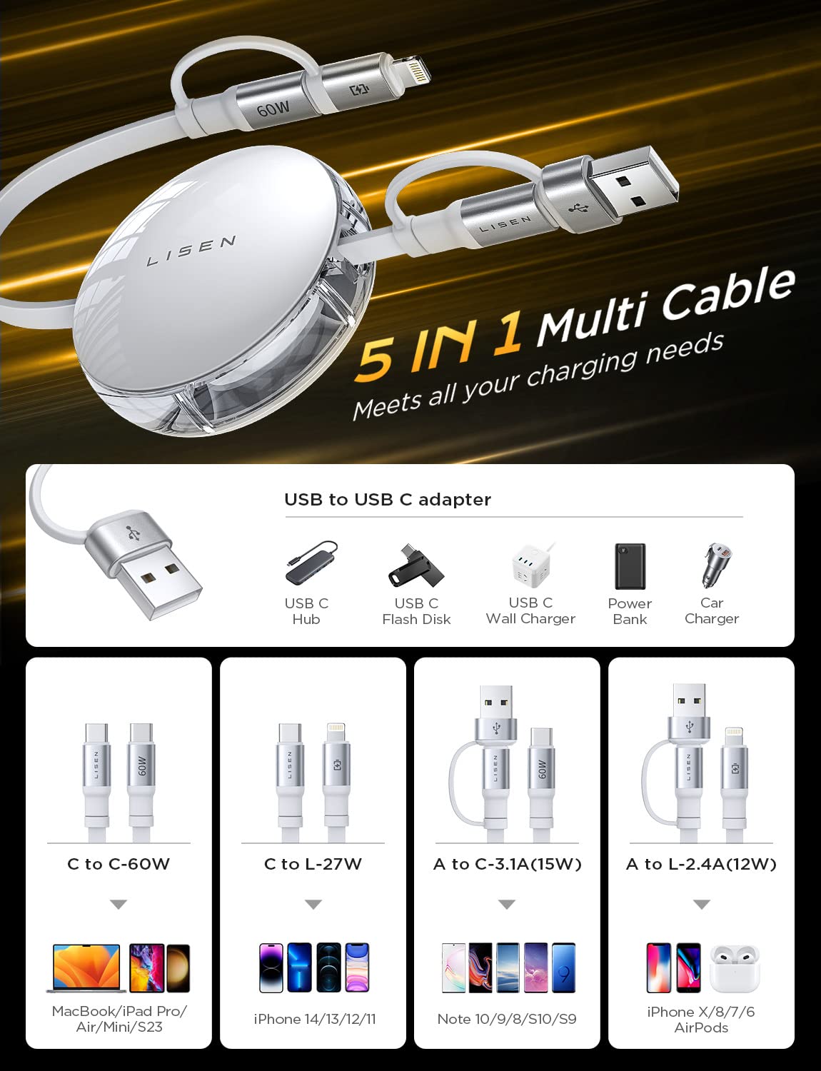 LISEN 3-in-1 Retractable Charging Cable