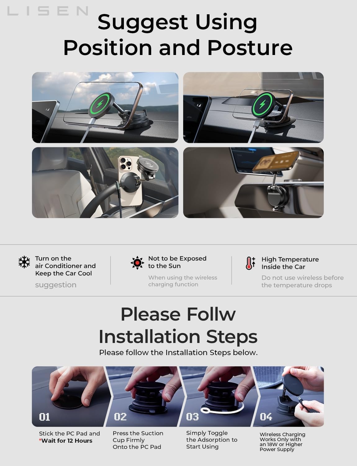 LISEN for 15W Magsafe Car Mount Charger, Magnetic Phone Holders for Your Car, Magnetic Wireless Car Charger, Suction Phone Mount for Car Accessories for Truck Jeep for iPhone 17 Pro Max 16 15 14 13 12