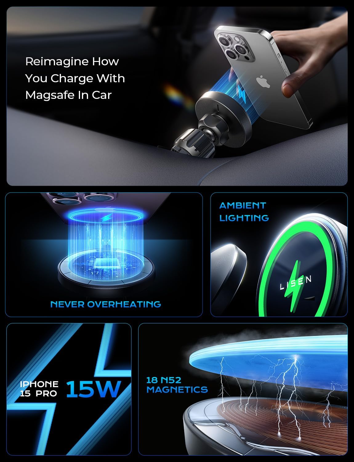 LISEN 15W MagSafe Car Charger (4-in-1 Mount, Strong Grip)
