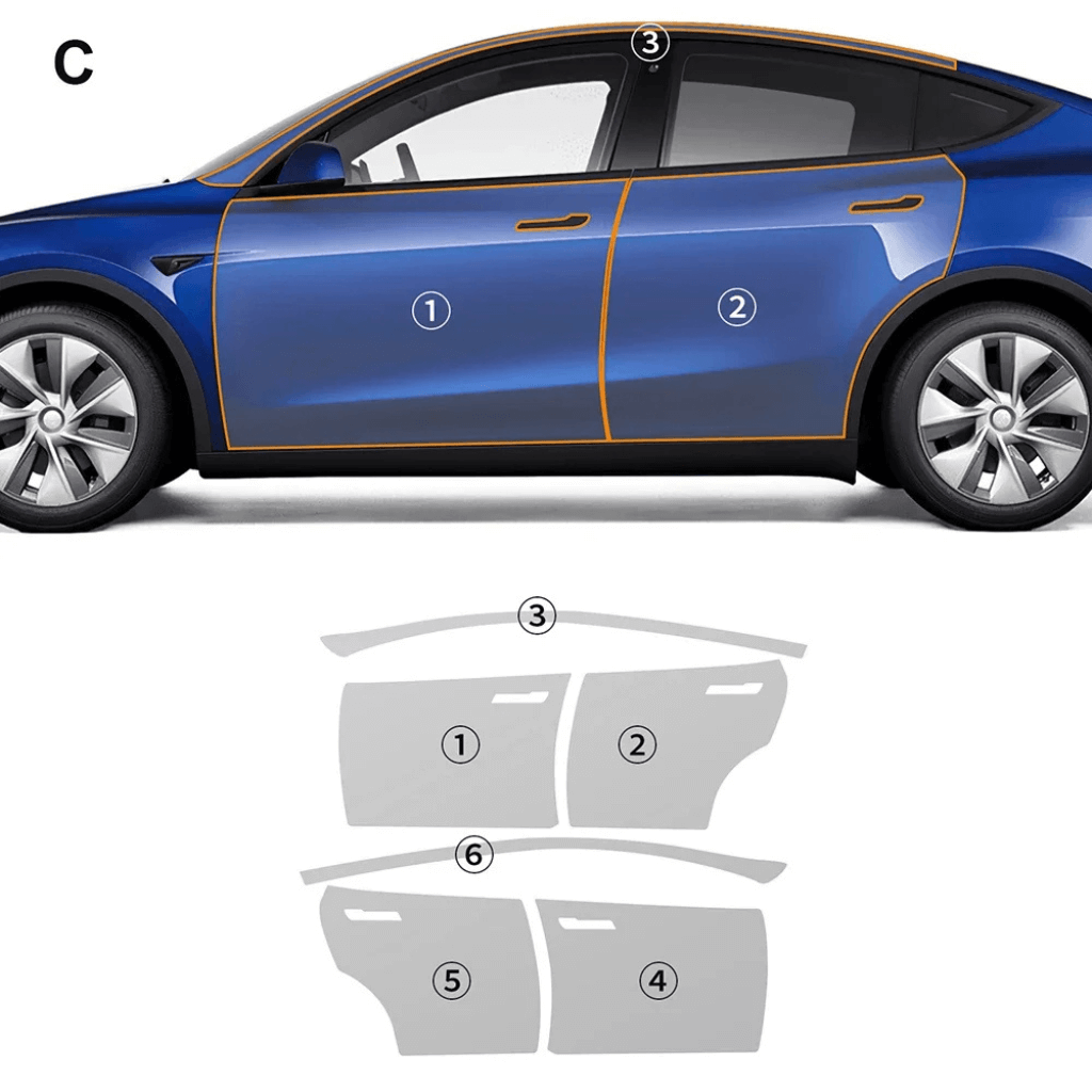 Schéma du covering de protection transparent pour Tesla Model Y, montrant les zones d'application sur la carrosserie.