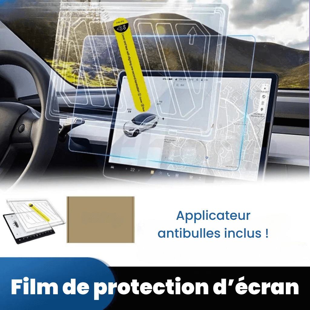 Film de protection d'écran pour Tesla avec applicateur antibuilles inclus, offrant protection et durabilité.