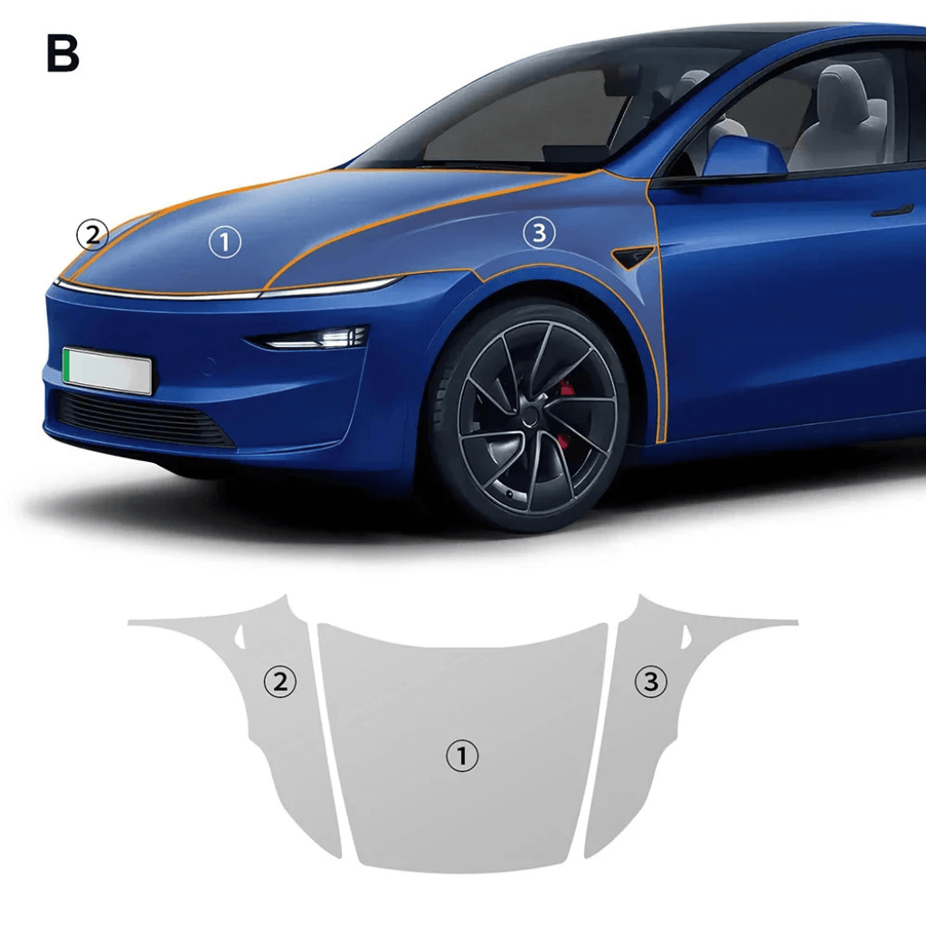 Image showing installation areas for transparent protection covering on Tesla Model Y, highlighting key sections to protect.