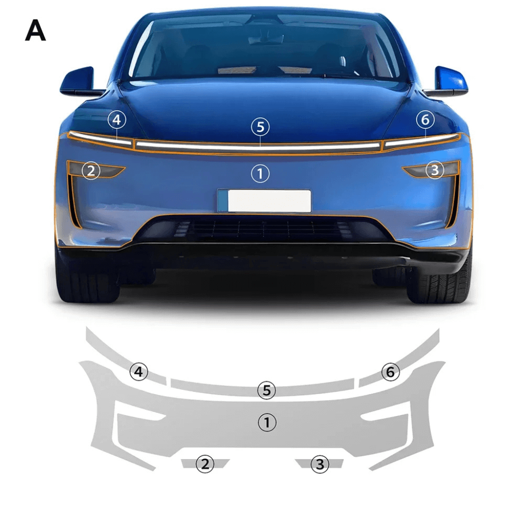 Image of a front view of a Tesla Model Y with labeled protection areas for transparent covering installation.