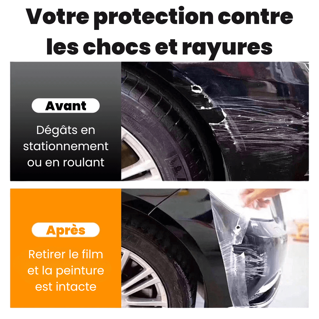 Comparaison avant et après de la protection contre les chocs pour voiture, montrant des dégâts versus peinture intacte.